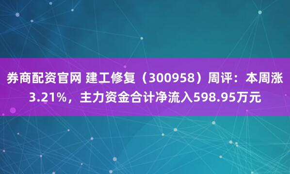 券商配资官网 建工修复（300958）周评：本周涨3.21%，主力资金合计净流入598.95万元